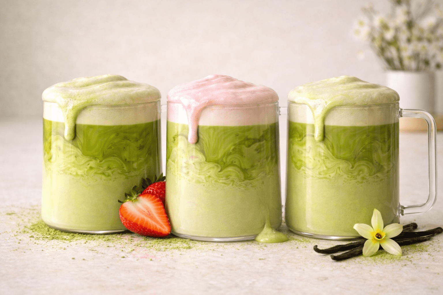 Matcha thé vert nature, matcha fraise, matcha vanille